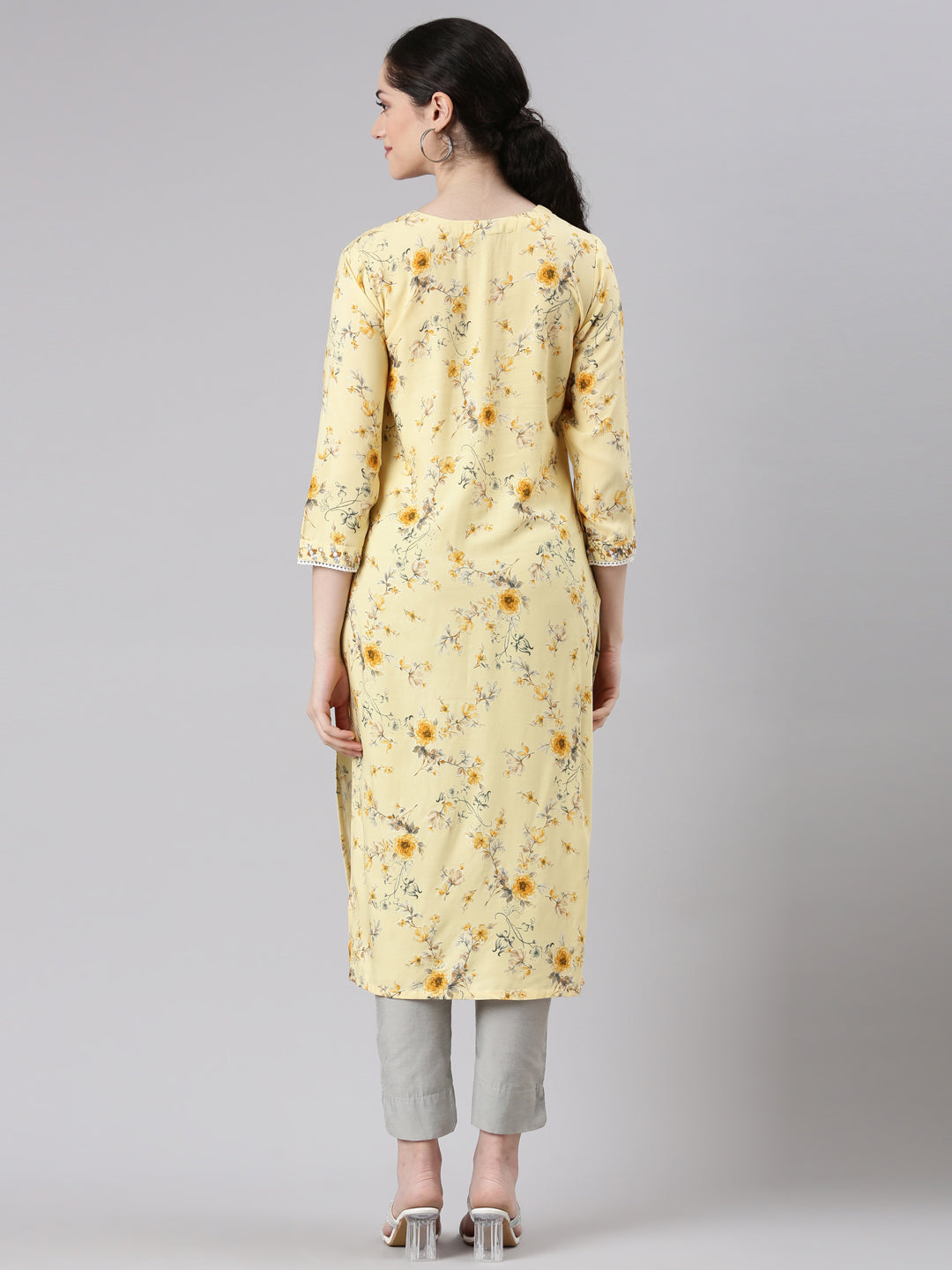 Neerus Yellow Straight Casual Floral Panelled Kurtas