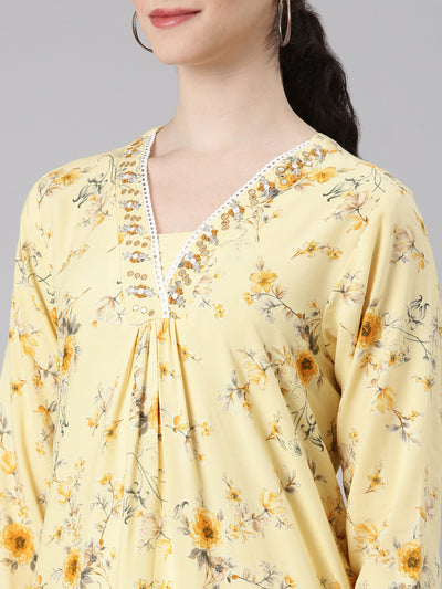 Neerus Yellow Straight Casual Floral Panelled Kurtas