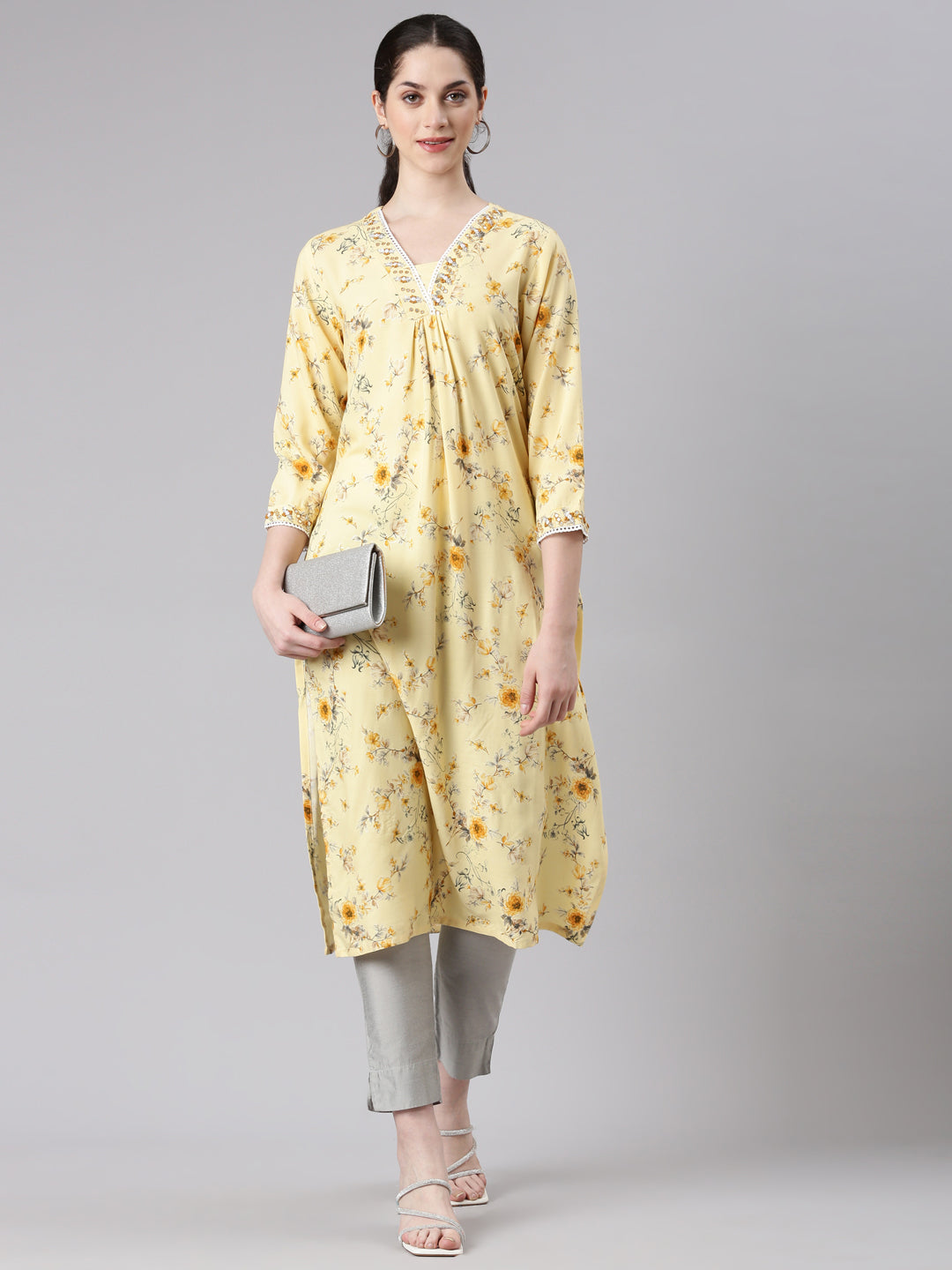 Neerus Yellow Straight Casual Floral Panelled Kurtas