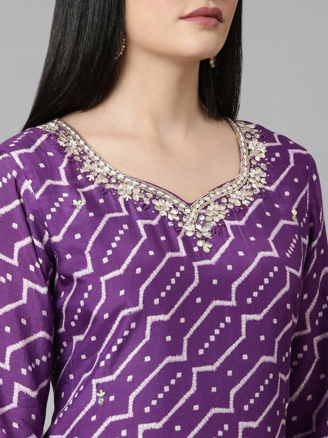 Neerus Purple Casual Geometric Straight Kurta and Trousers With Dupatta