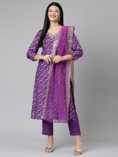 Neerus Purple Casual Geometric Straight Kurta and Trousers With Dupatta