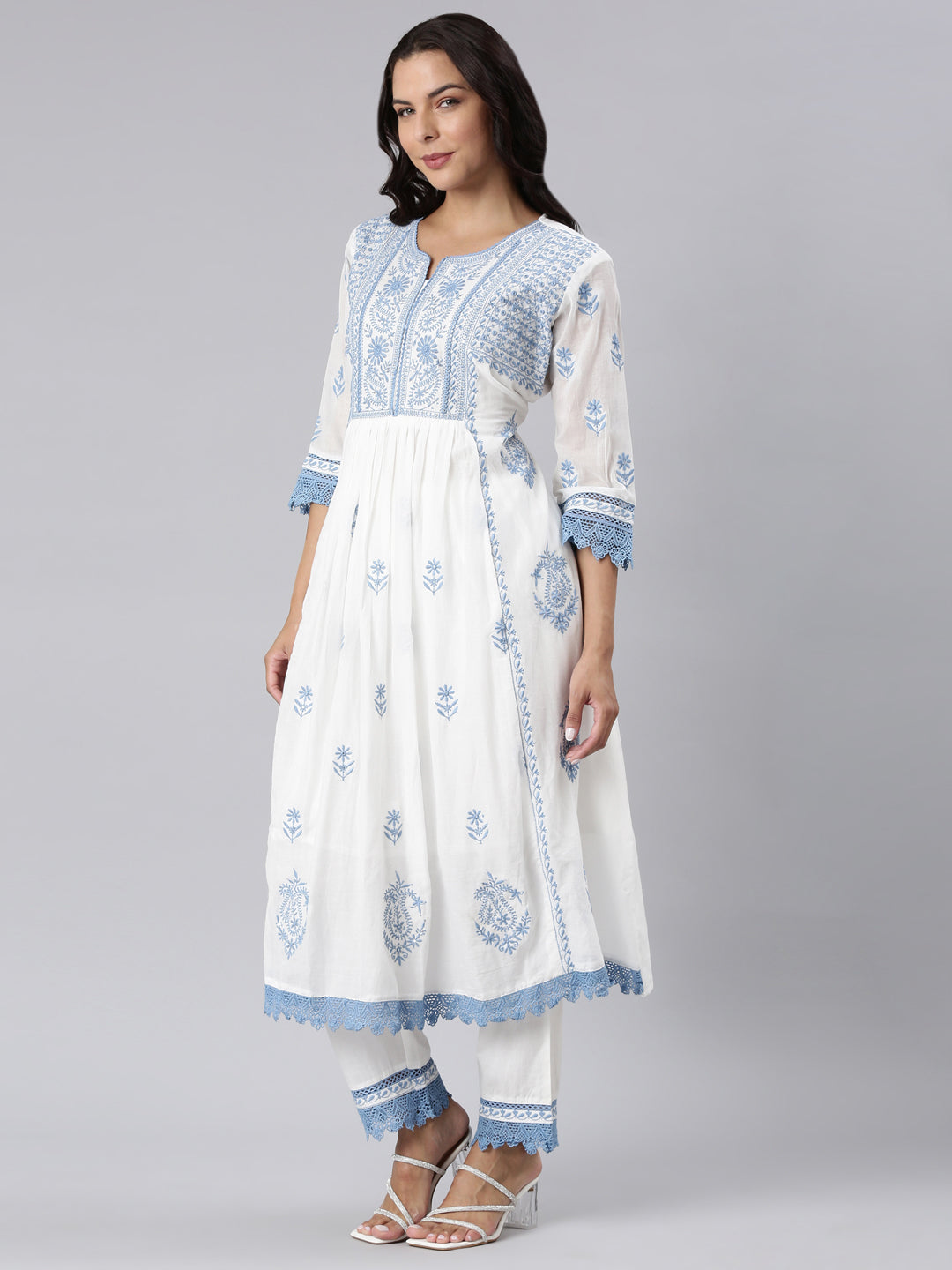 Neerus Blue Panelled Yoke Design Kurta And Trousers With Dupatta