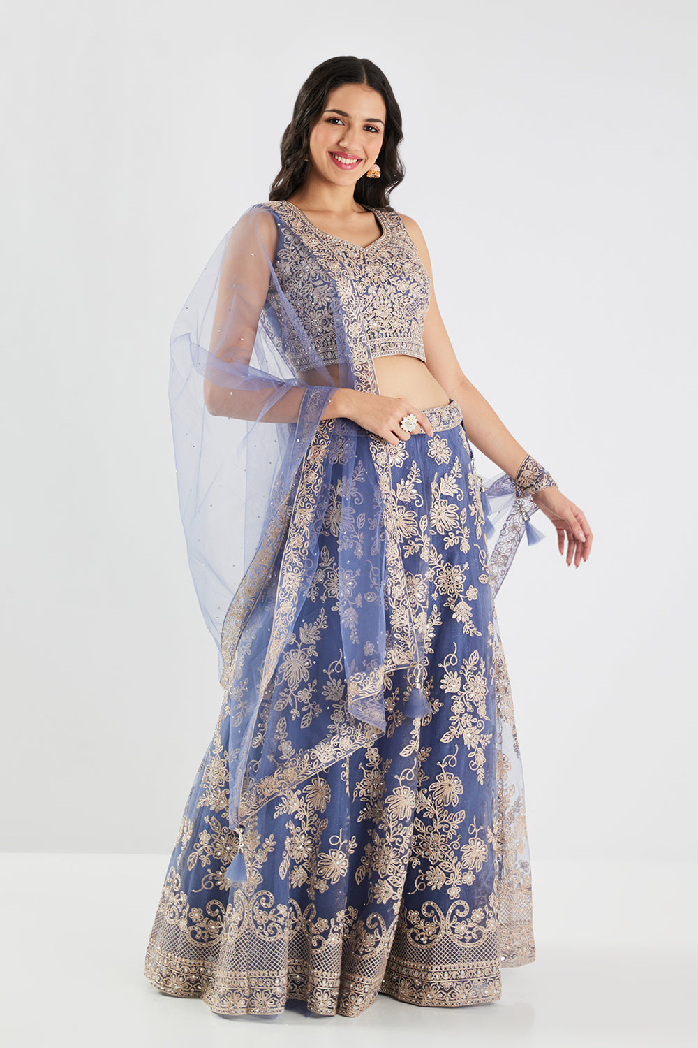 Neerus Blue Embroidery Work Net Fabric Ghagra Set