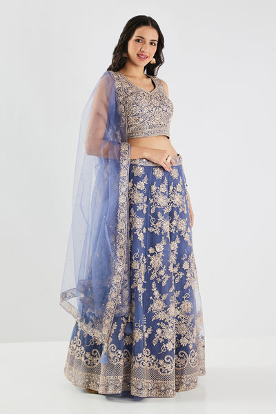 Neerus Blue Embroidery Work Net Fabric Ghagra Set