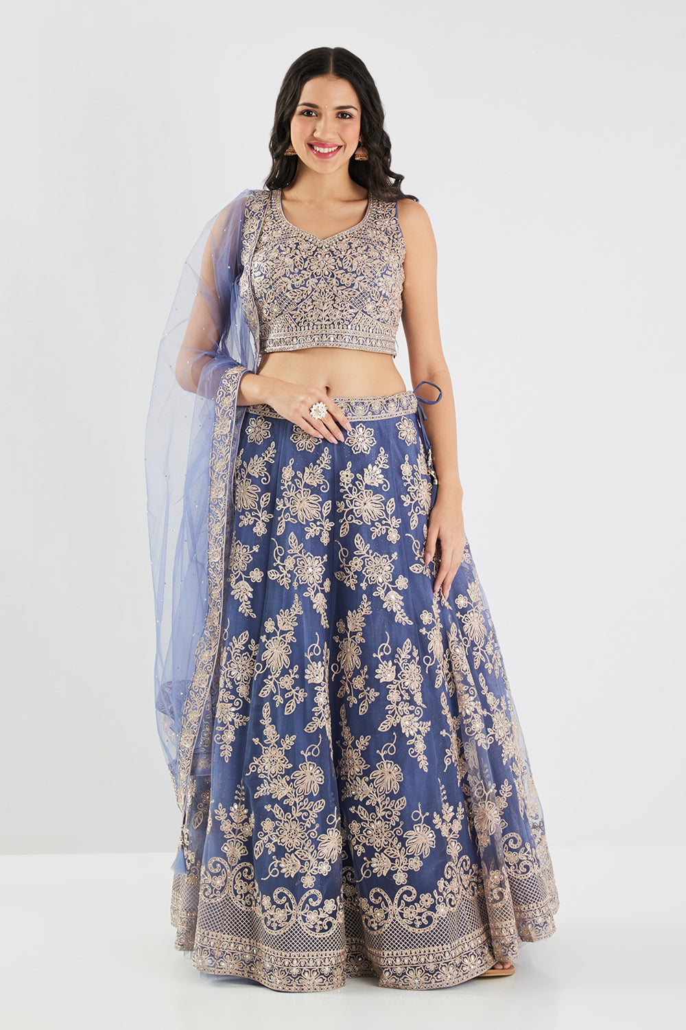 Neerus Blue Embroidery Work Net Fabric Ghagra Set