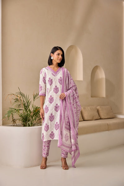 Neerus Lavender Straight Printed Kurta And Trousers With Dupatta