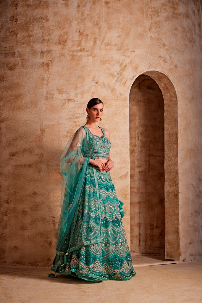 Neeru'S Women Sea Green Color Nett Fabric Ghagra Set