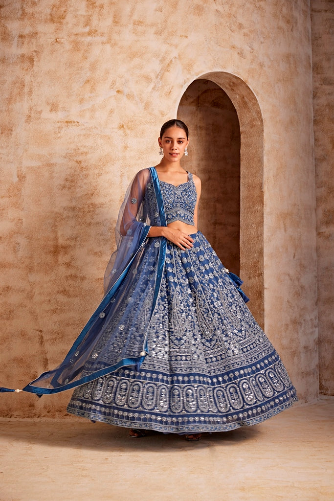 Neeru'S Women Blue Color Embroidered Ghagra Set