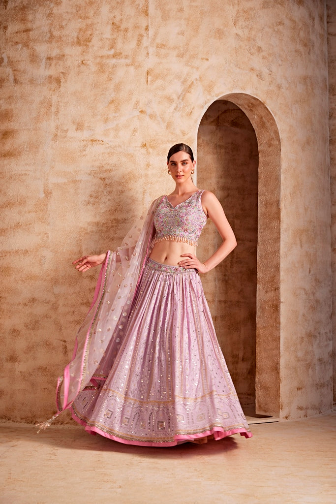 Neeru'S Women Lilac Color Georgette Fabric Ghagra Set