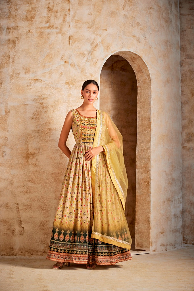 Neeru'S Lemon Color Banaras Fabric Gown