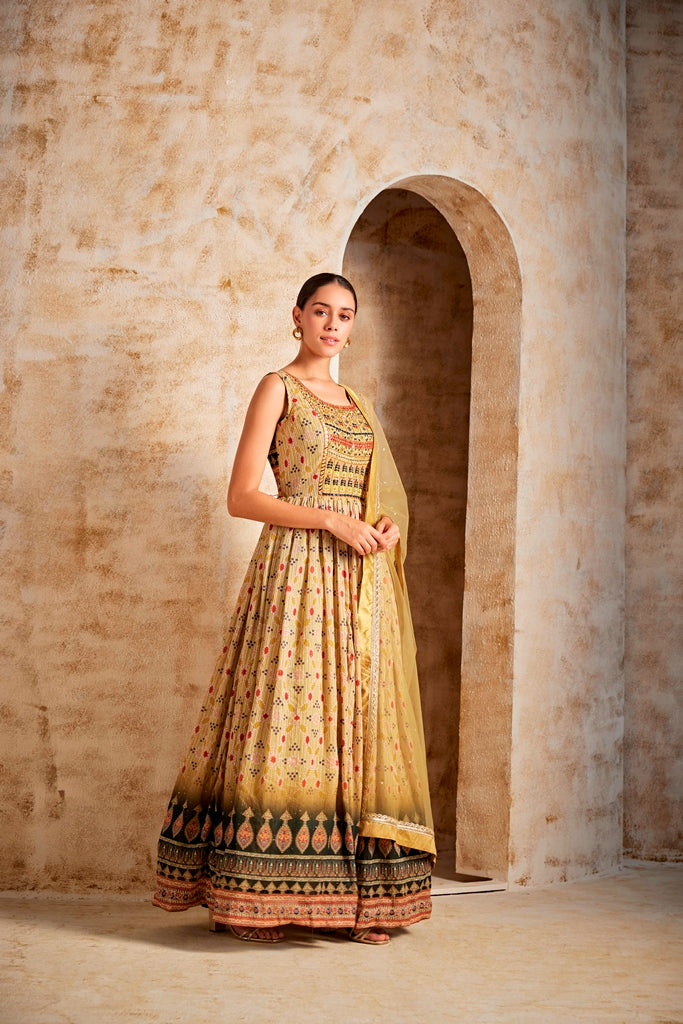 Neeru'S Lemon Color Banaras Fabric Gown