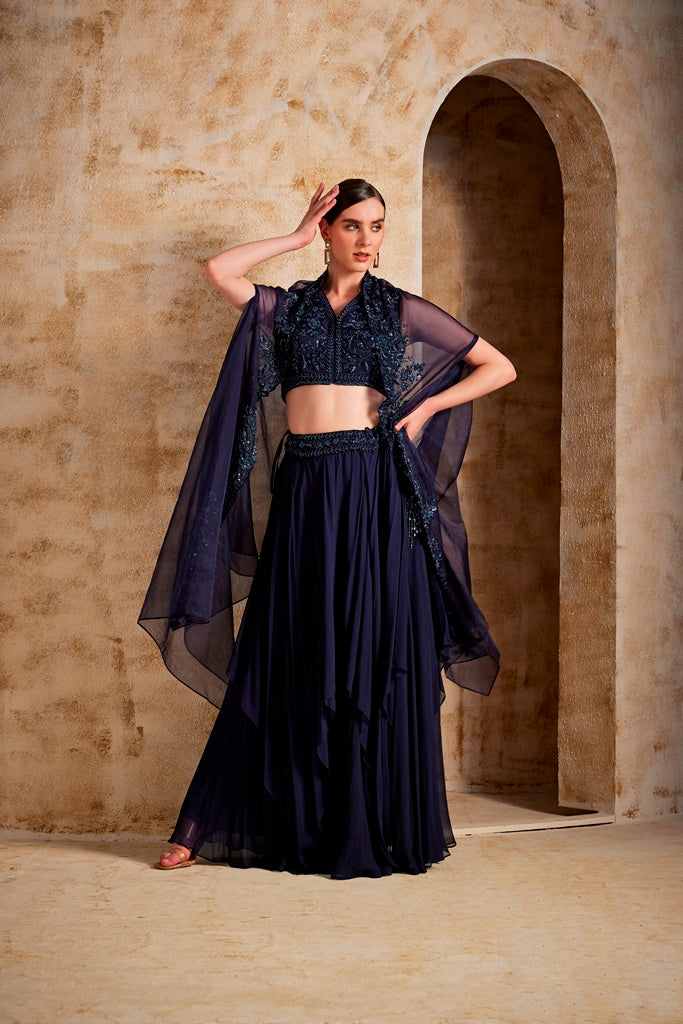 Neeru's Navy Blue Color Organza Fabric Fusion Set