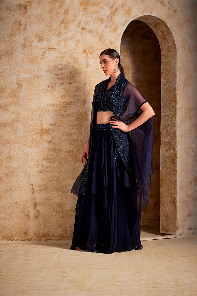 Neeru's Navy Blue Color Organza Fabric Fusion Set