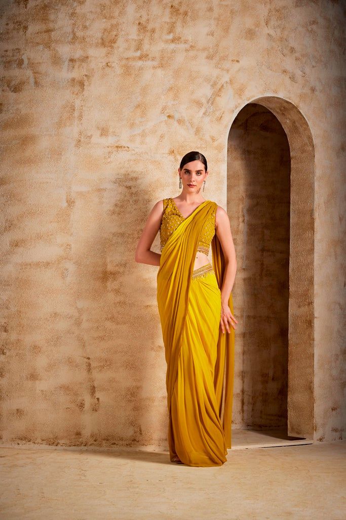 Neeru's Mustard Color Georgette Fabric Drape Saree