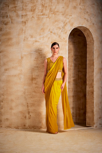 Neeru's Mustard Color Georgette Fabric Drape Saree