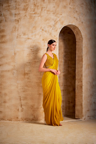 Neeru's Mustard Color Georgette Fabric Drape Saree