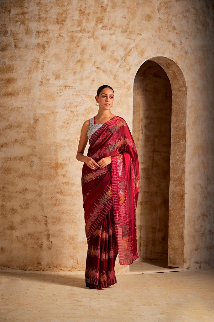 Neeru's Maroon Color Jimmy Choo Fabric Saree