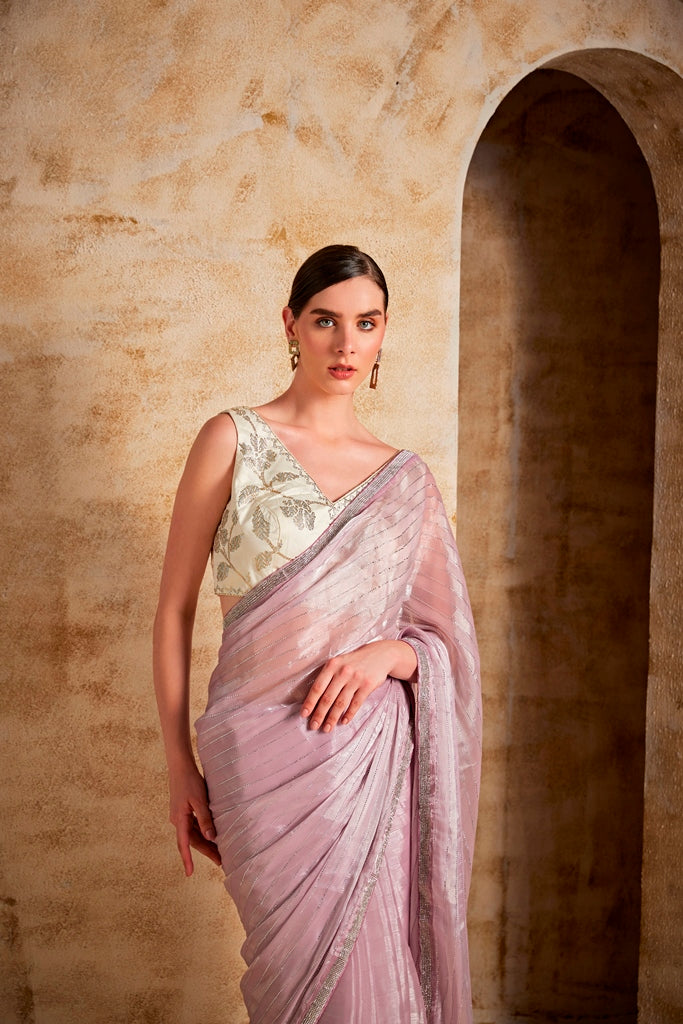 Neeru's Womens Lilac Color Organza Fabric Saree