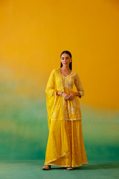 Neerus Yellow Embroidery Georgette Fabric Suit Set.