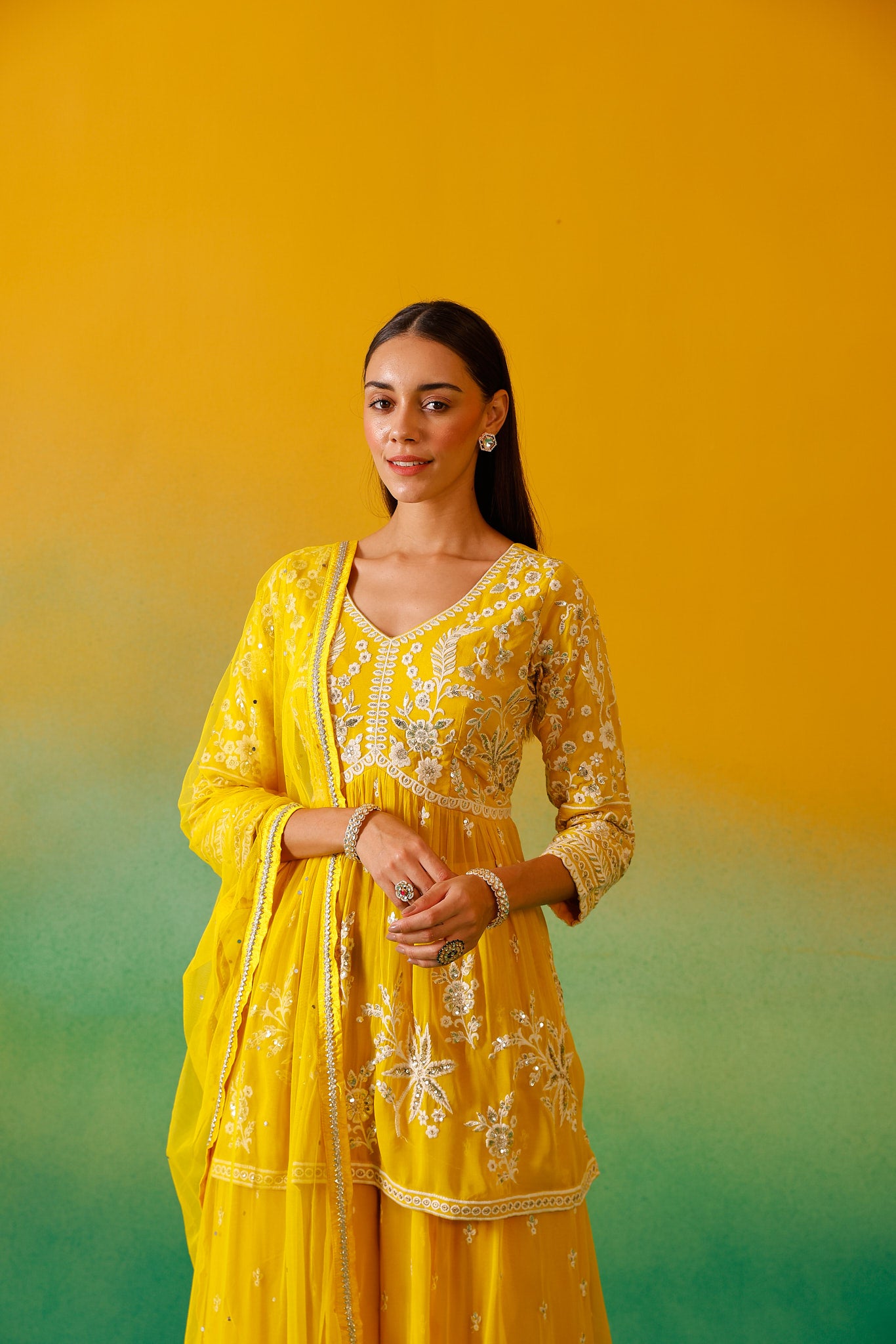 Neerus Yellow Embroidery Georgette Fabric Suit Set.