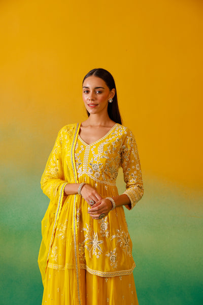 Neerus Yellow Embroidery Georgette Fabric Suit Set.