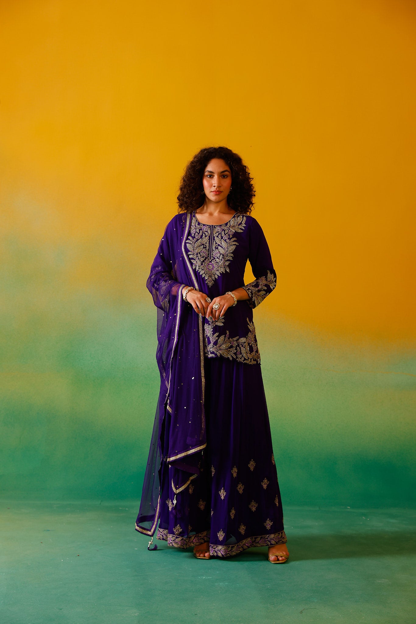 Neerus Purple Embroidery Georgette Fabric Kurti Plazzo and Dupatta