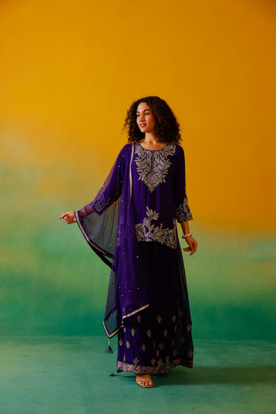 Neerus Purple Embroidery Georgette Fabric Kurti Plazzo and Dupatta