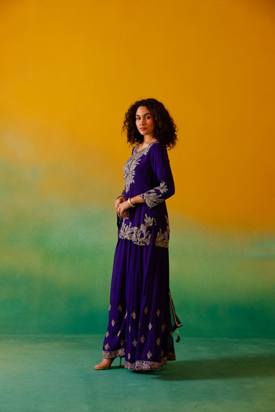 Neerus Purple Embroidery Georgette Fabric Kurti Plazzo and Dupatta