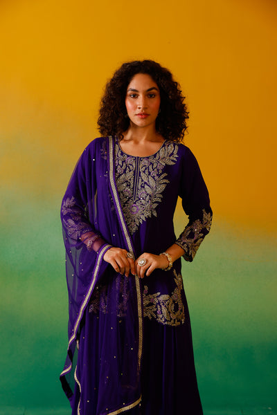 Neerus Purple Embroidery Georgette Fabric Kurti Plazzo and Dupatta