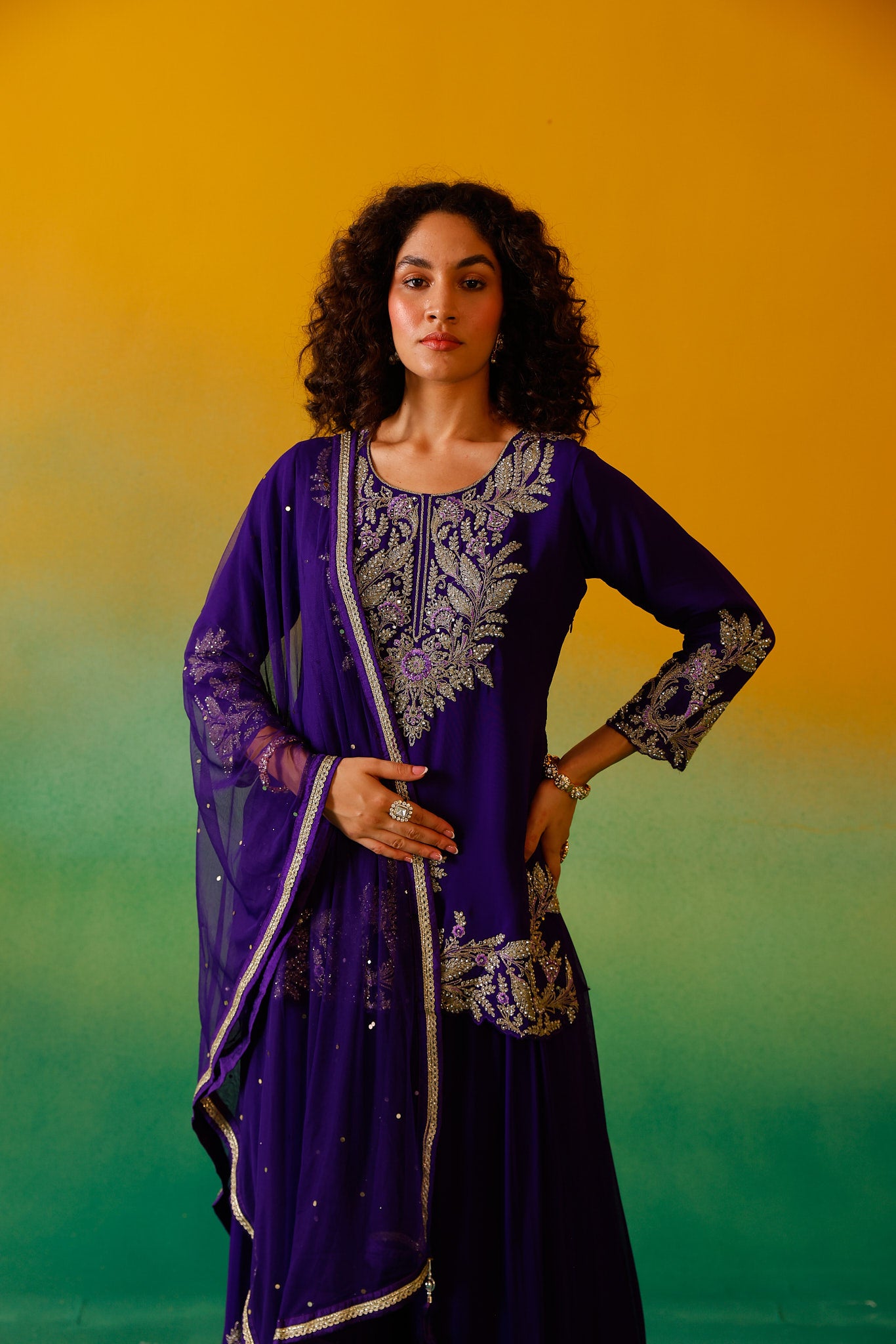 Neerus Purple Embroidery Georgette Fabric Kurti Plazzo and Dupatta