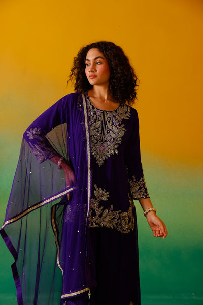 Neerus Purple Embroidery Georgette Fabric Kurti Plazzo and Dupatta