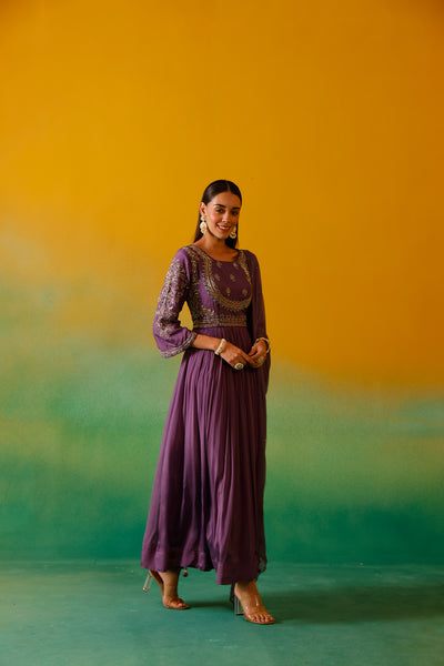 Neerus Lavender Embroidery Chinon Fabric Anarkali and Dupatta.