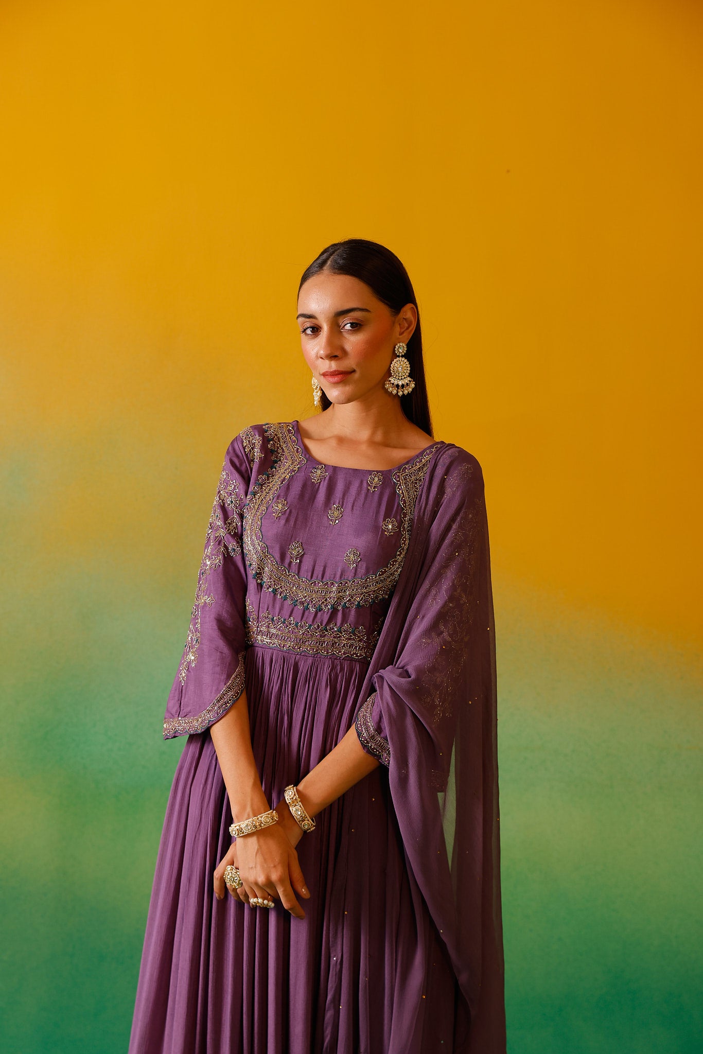 Neerus Lavender Embroidery Chinon Fabric Anarkali and Dupatta.