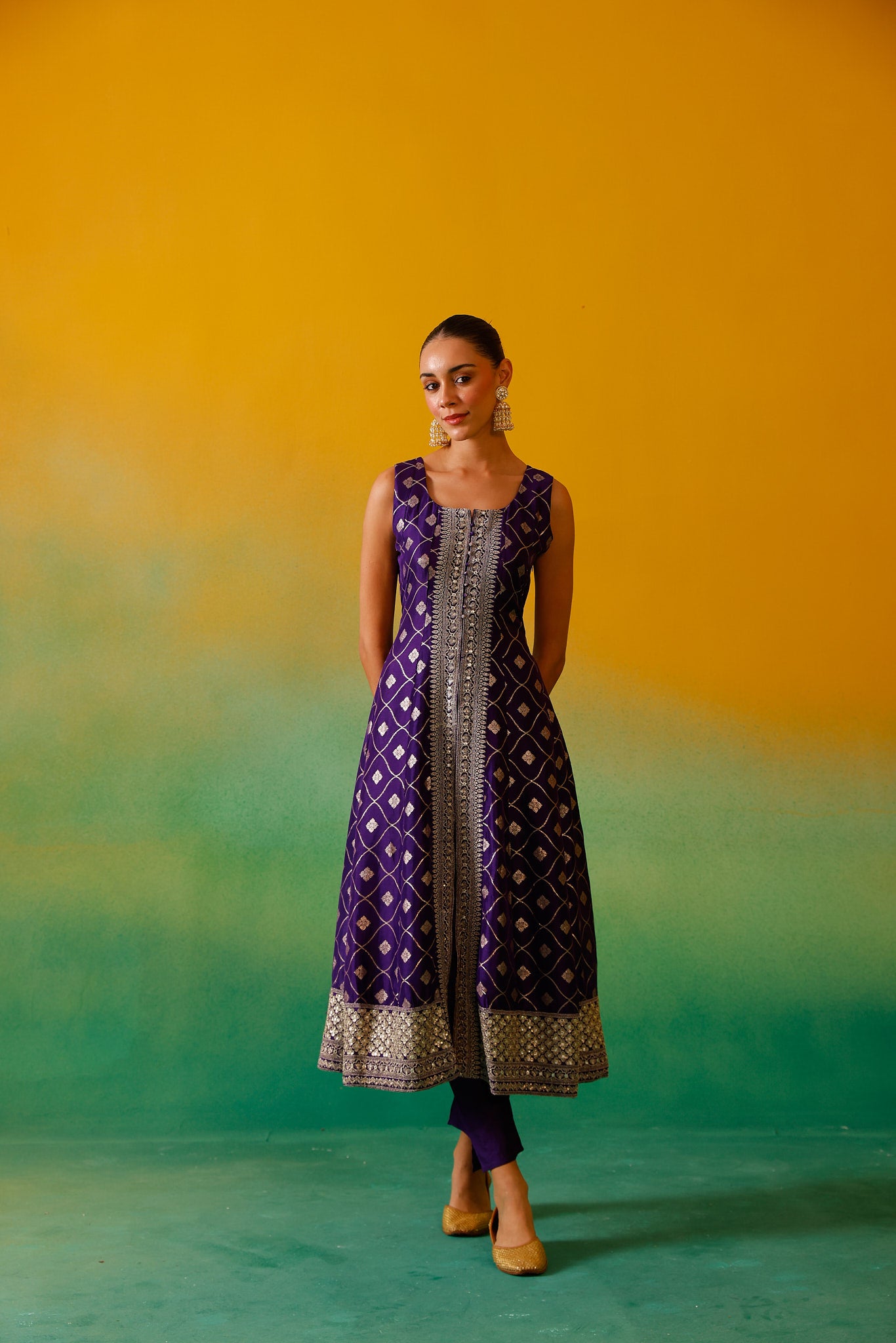 Neerus Purple Embroidery Banaras Fabric Kurta and Trouser with Dupatta