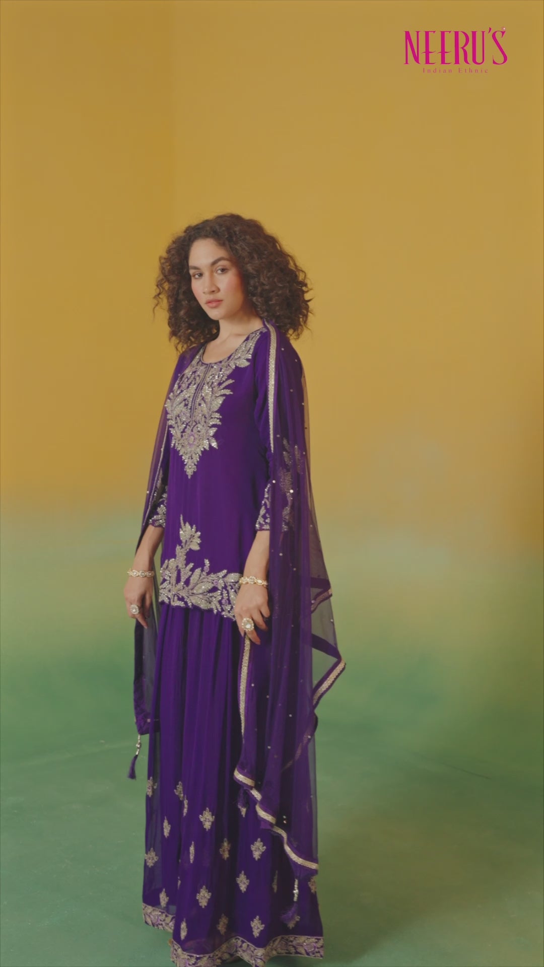 Neerus Purple Embroidery Georgette Fabric Kurti Plazzo and Dupatta