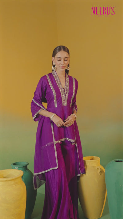 Neerus Purple Embroidery Silk fabric Kurti and plazzo with Dupatta