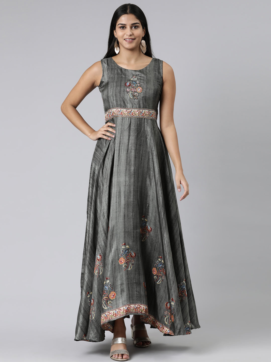 Neeru's Olive Curved Casual Embroidered Maxi Dress