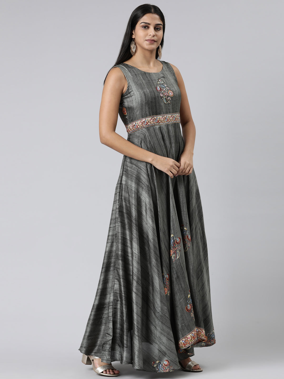 Neeru's Olive Curved Casual Embroidered Maxi Dress