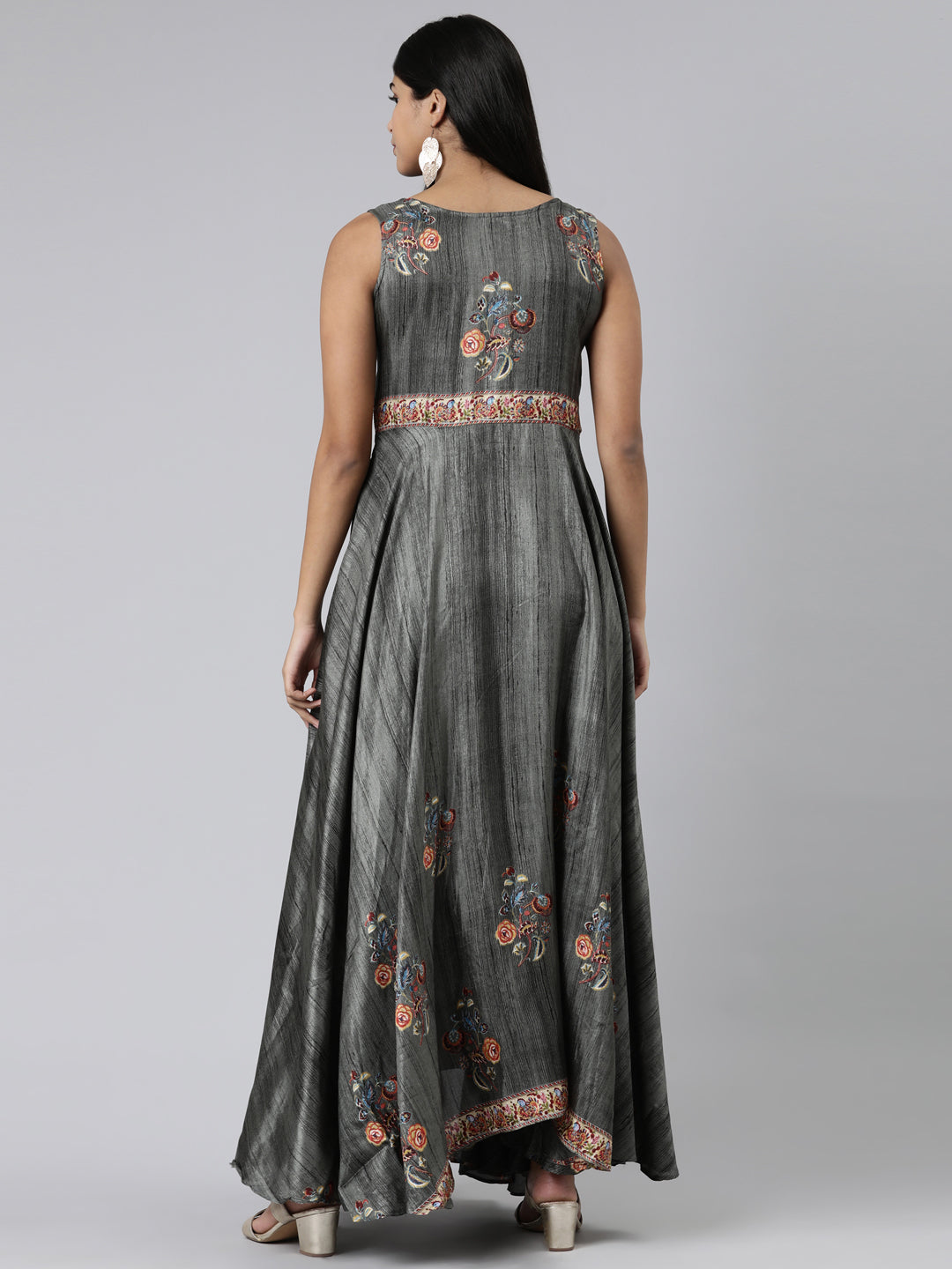 Neeru's Olive Curved Casual Embroidered Maxi Dress