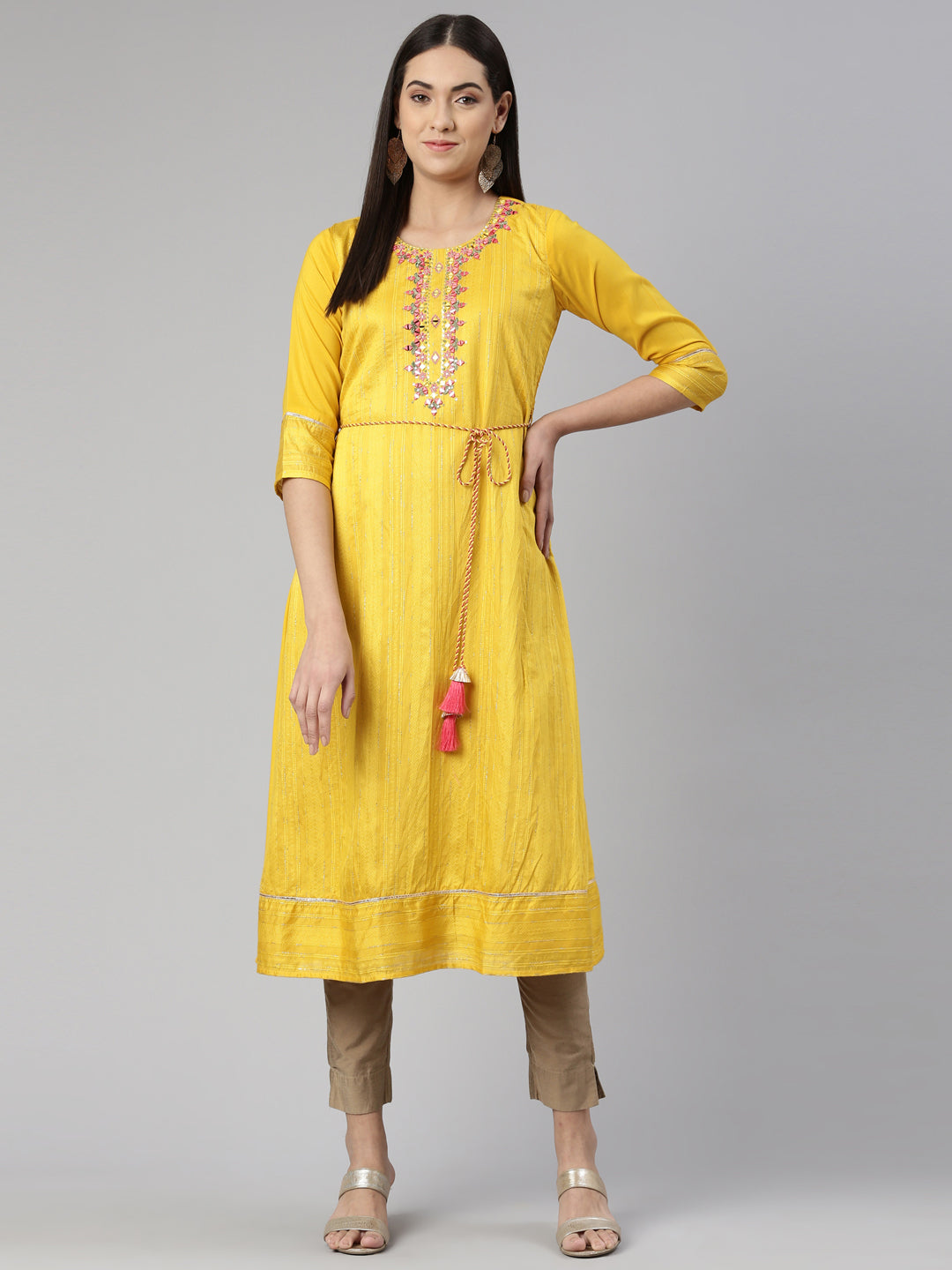 Neeru's Mustard Anarkali Straight Cotton Wool Kurtas