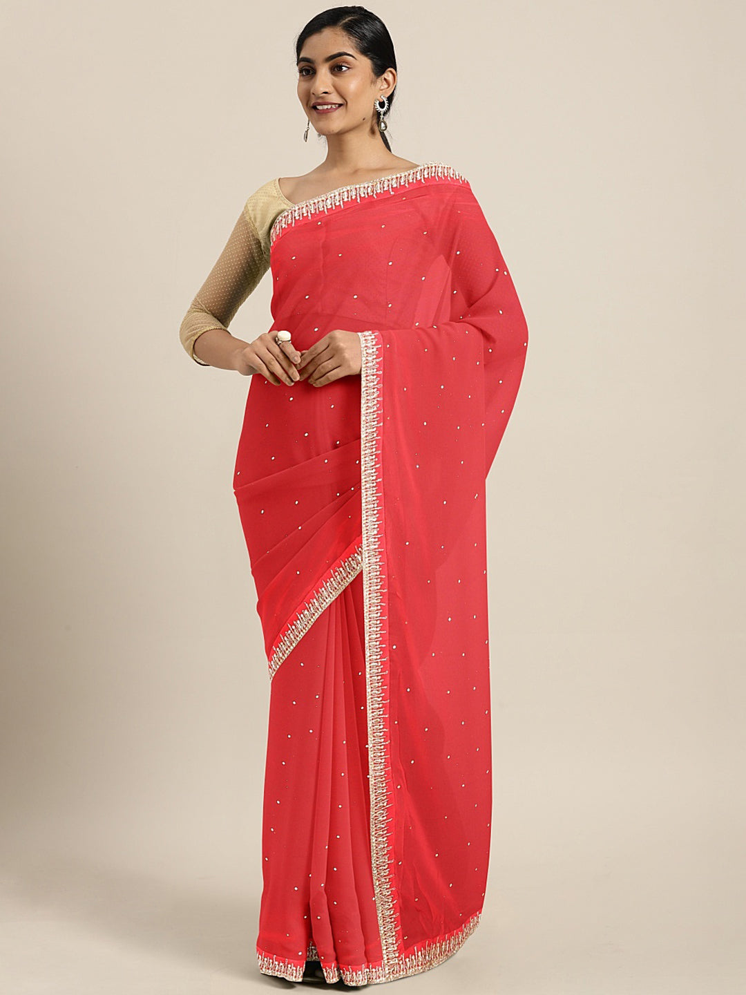 Neeru's Coral Embellished Saree With Blouse