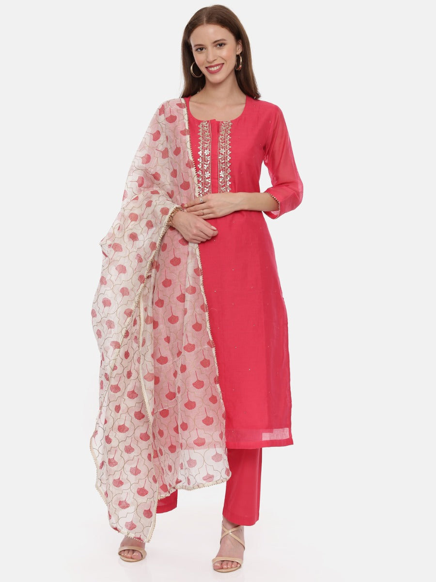 Neeru's Fuchsia Embellished Kurta With Palazzo & Dupatta