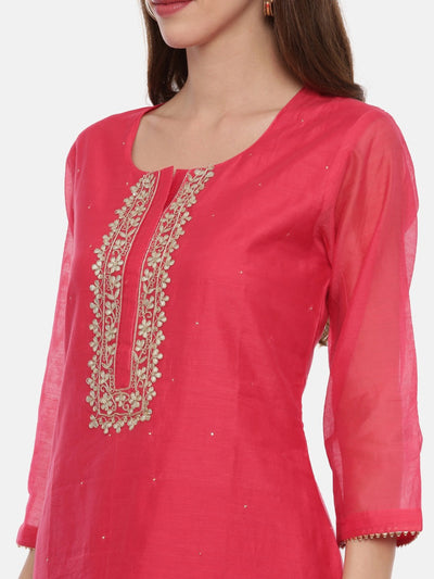 Neeru's Fuchsia Embellished Kurta With Palazzo & Dupatta