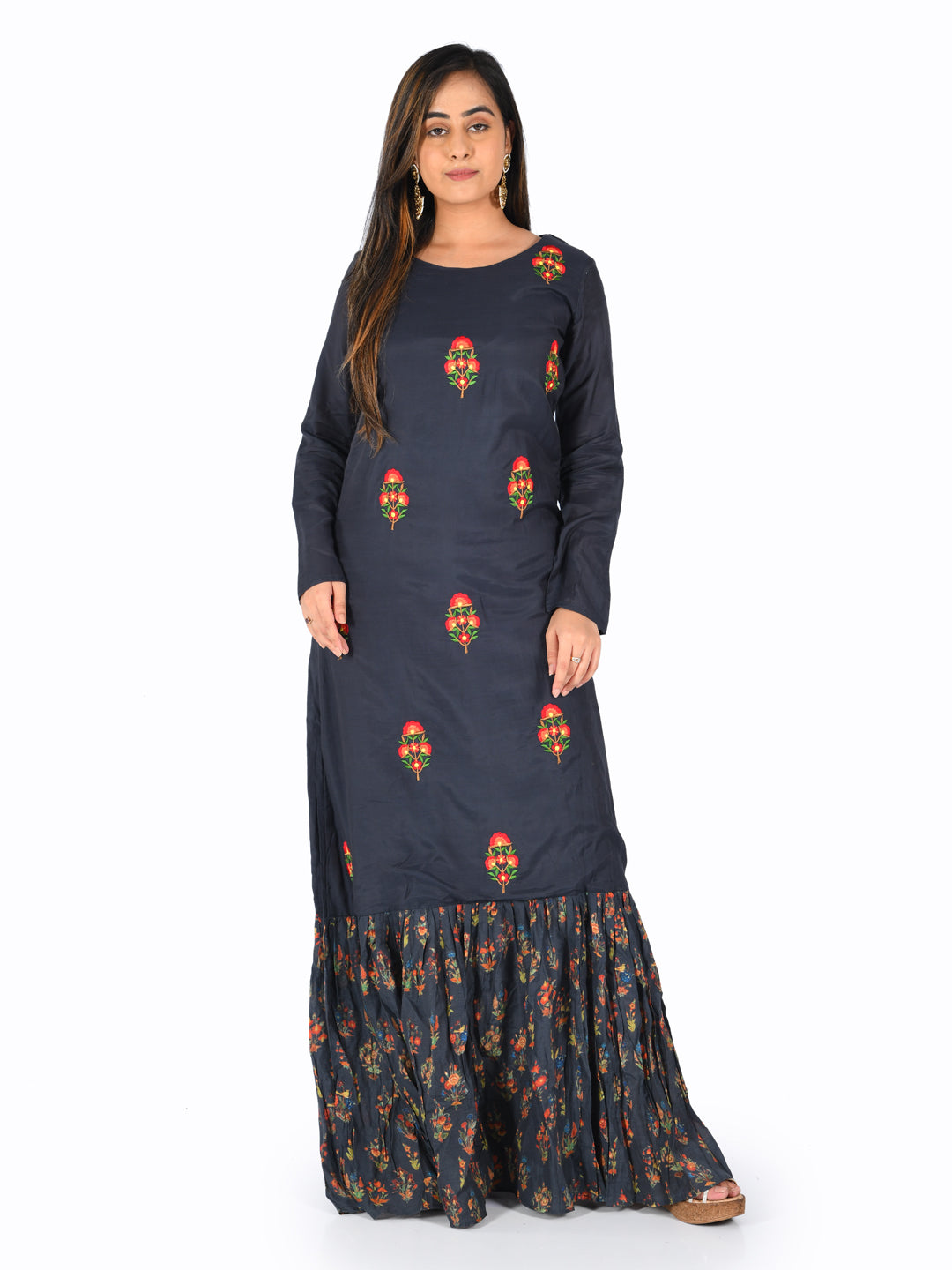 Neeru's Navy Embroidered Straight Kurta