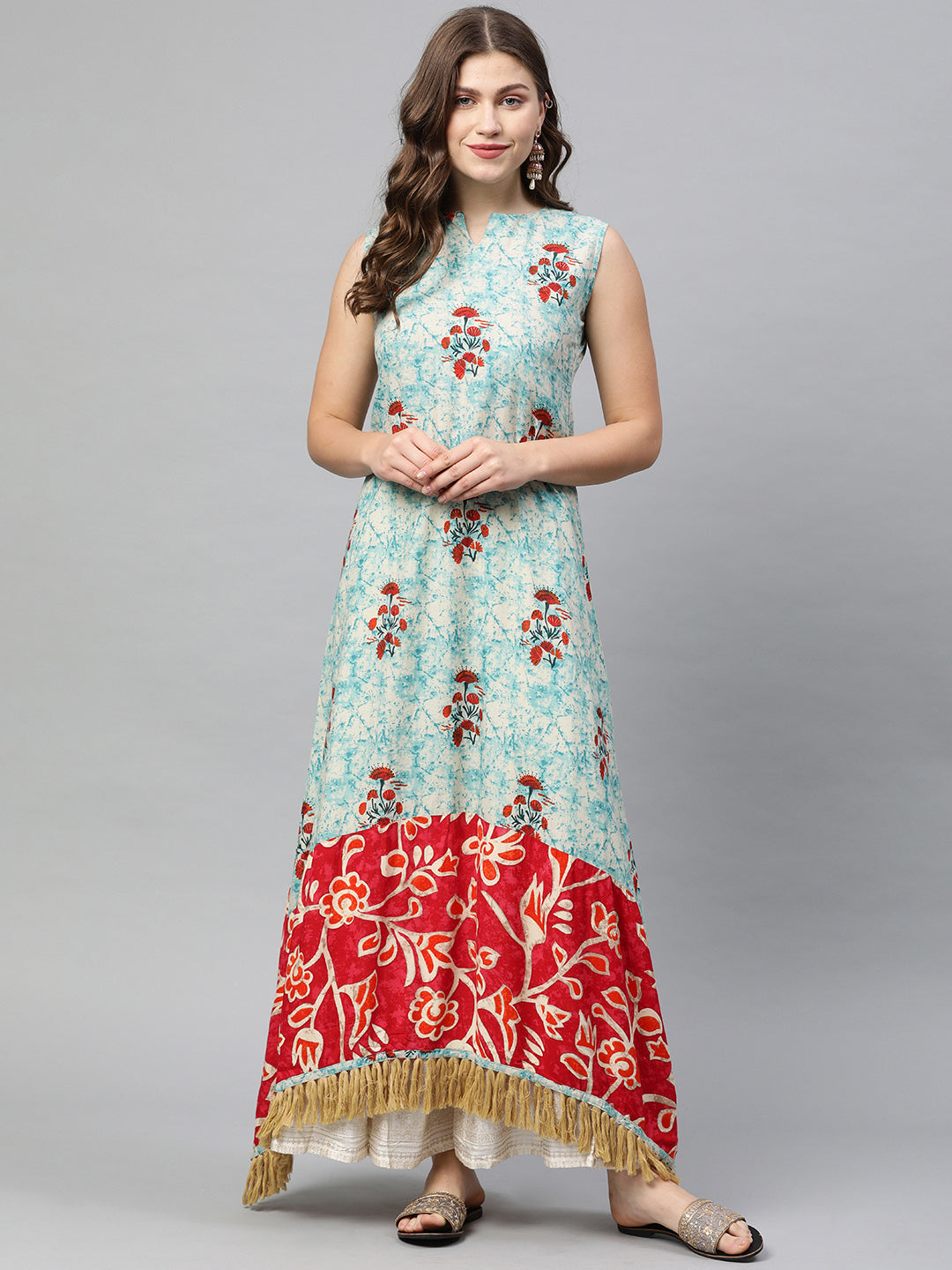 Neeru's Blue & Red Printed Anarkali Kurta