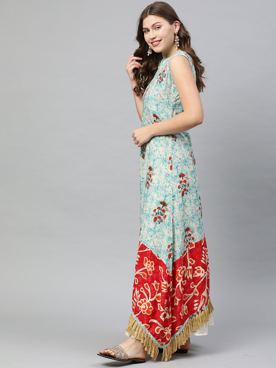 Neeru's Blue & Red Printed Anarkali Kurta