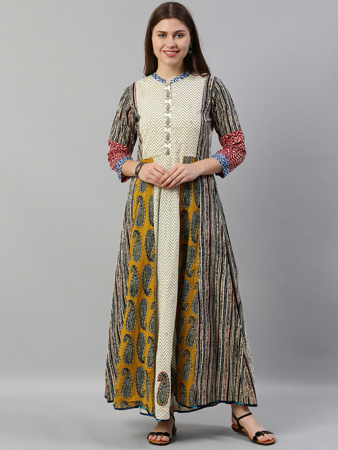 Neeru's Women Off-White Brown Printed A-Line Kurta