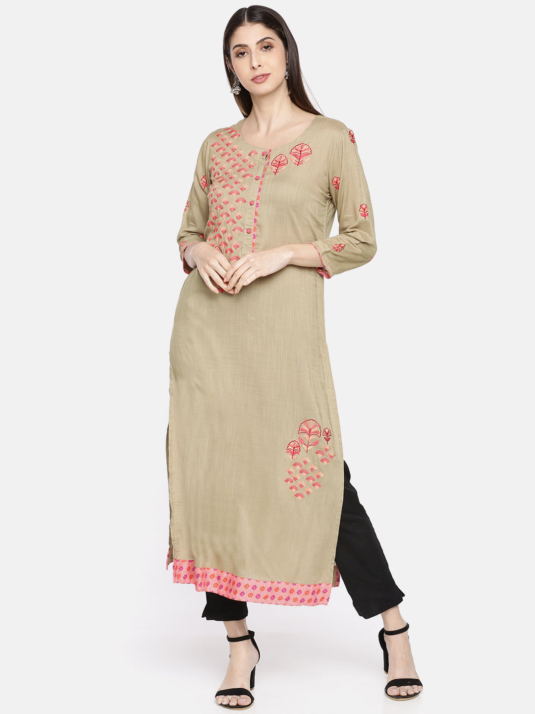 Neeru's Beige Embroidered Straight Kurta