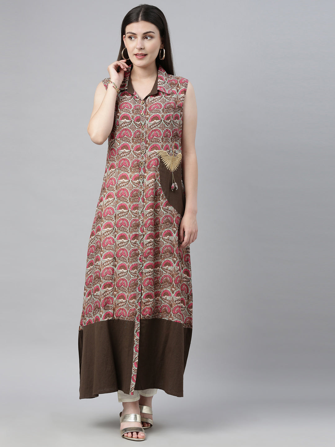 Neeru's Brown Printed A Line Kurta