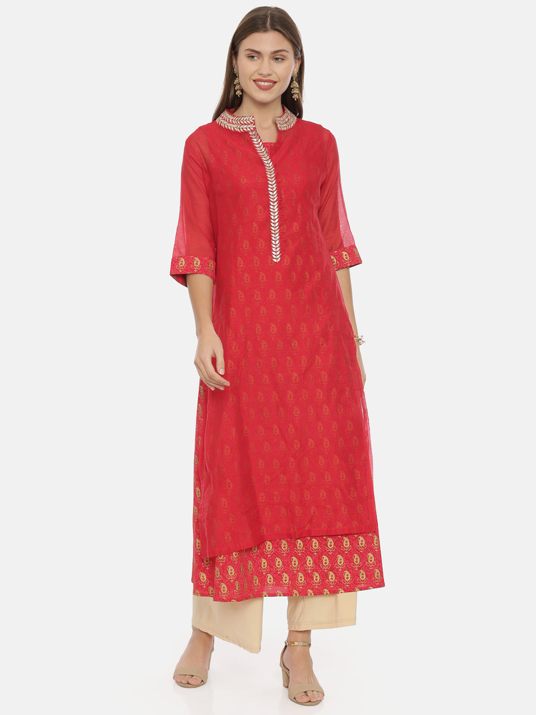 Neeru's Women Red Gold-Toned Printed Straight Kurta